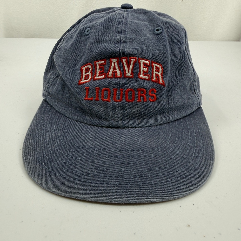 Beaver Liquors Hat Mens OSFA Navy Blue Red Embroidered Dad Cap Outback Headwear